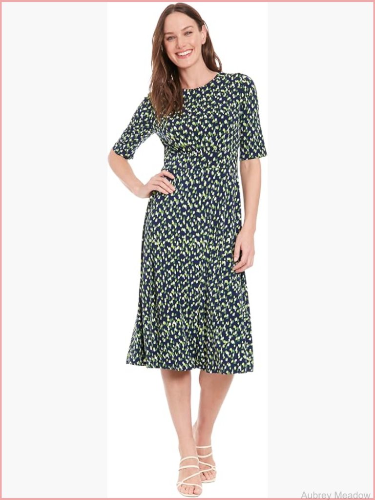 Elegant Half-Sleeve Mid-Calf Fit & Flare Work Dress With Geometric Print